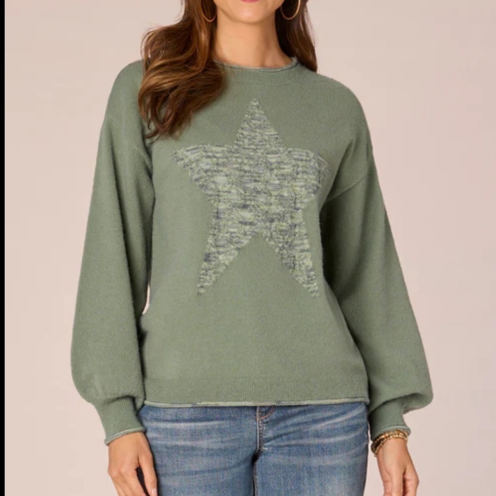 New Democracy Sz L Green Space Dye Star Long Blouson Sleeve Sweater Boho Slouchy